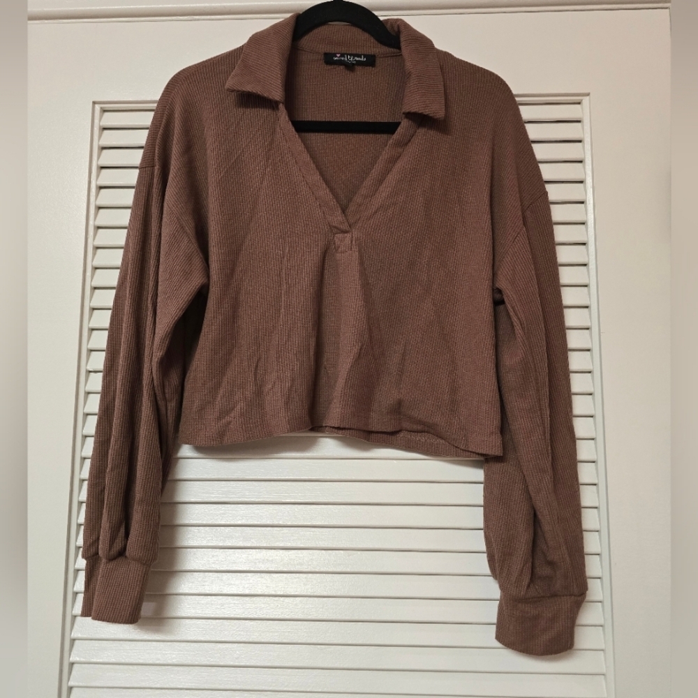 Mixed Threads - Brown Long-Sleeve Waffle Knit Material Crop Top